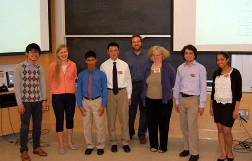 PRIMES students and mentors Junho Won, mentor Alisa Knizel, Niket Gowravaram, Joshua Xiong, Prof. Pavel Etingof, head mentor Dr. Tanya Khovanova, Yonah Borns-Weil, and Uma Roy